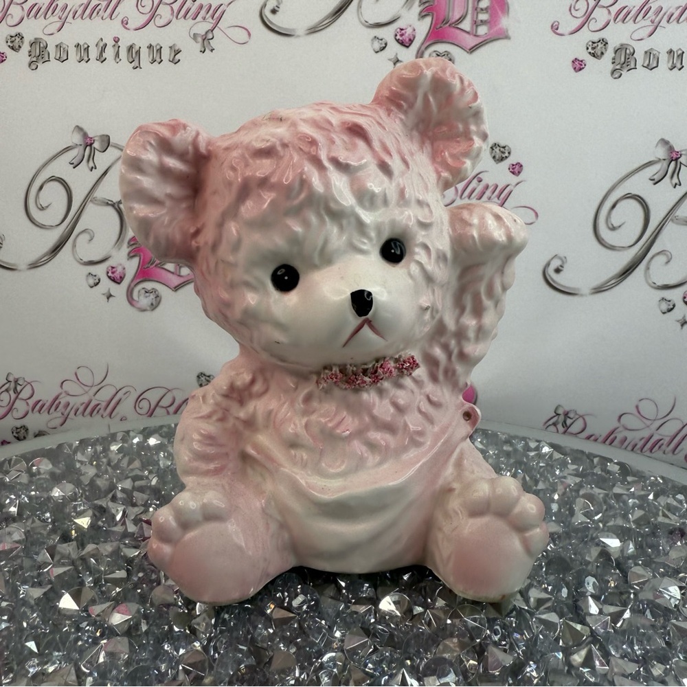 1963 Flower pot chalkware Pink Ceramic Bear Figurine cute